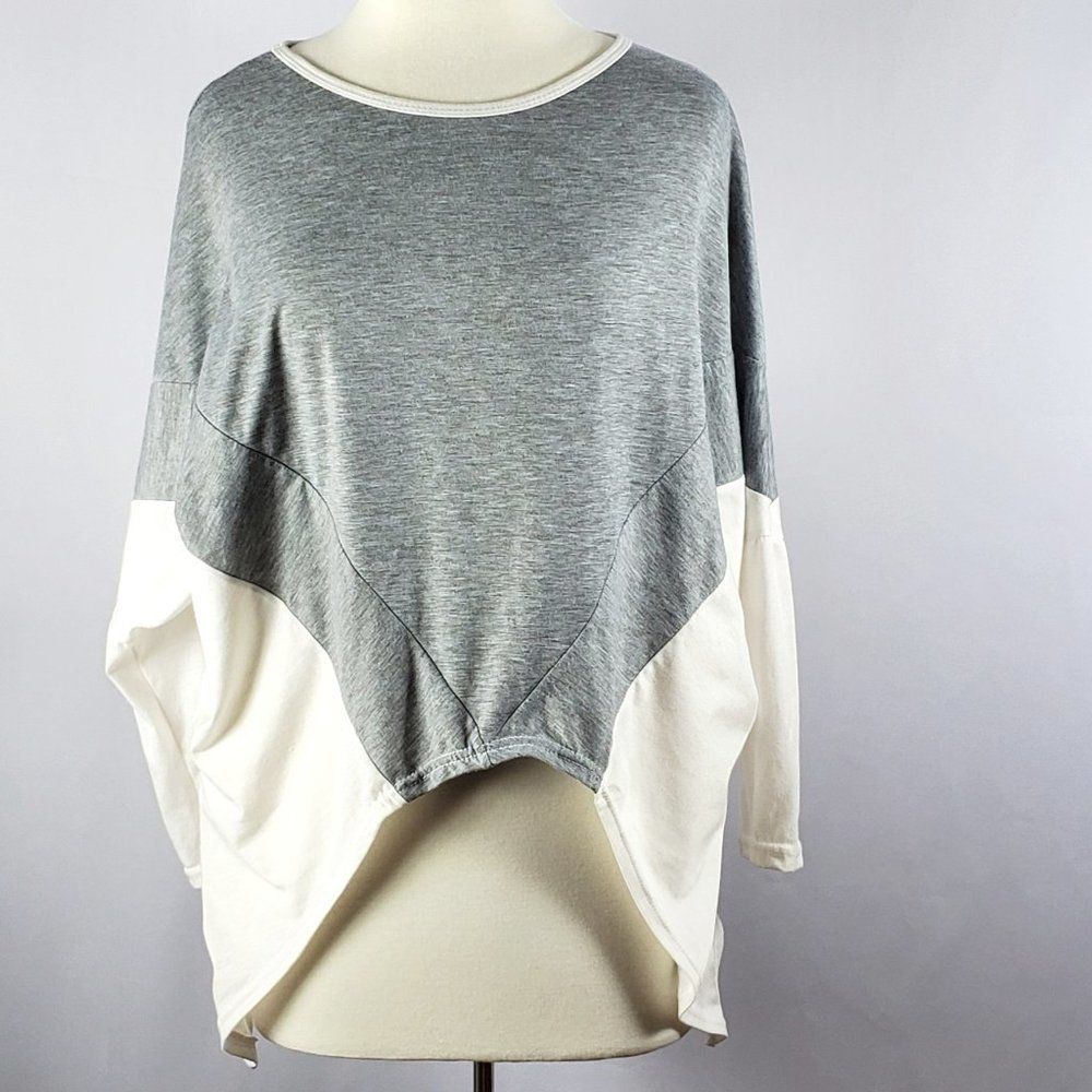 Gray & White Color Block Asymmetrical Top With Color Blocking and Dolman Sleeves
